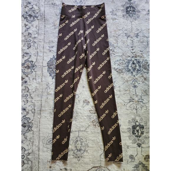 Adidas Originals Logomania Repeat Logo Monogram Leggings Tights in Brown Pants - Picture 3 of 11